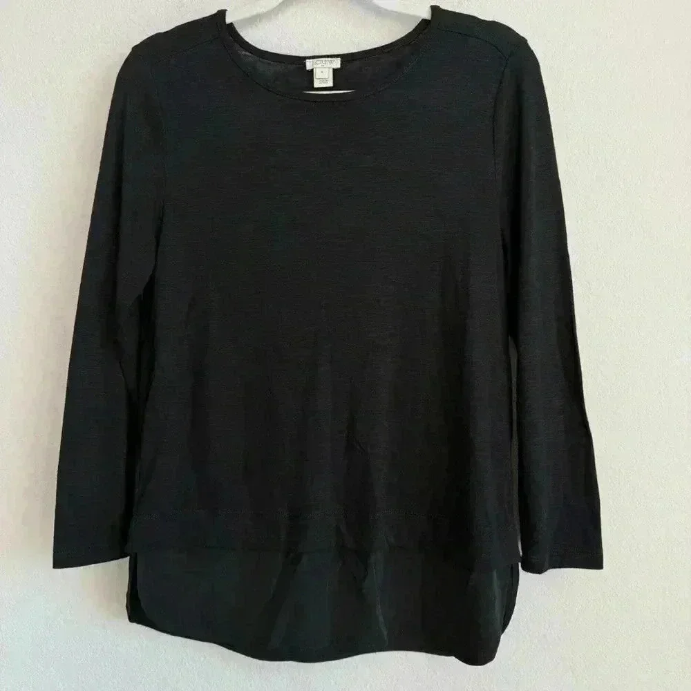 J.Crew‎ Long Sleeve Top With Silky Hem Women’s Small Black Faux Layered